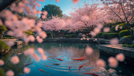 Cherry blossoms reflect in a serene pond while koi fish swim peacefully under a clear blue skyの素材
