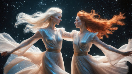 Twins in flowing gowns gracefully dance under a starry sky during a magical night celebrationの素材
