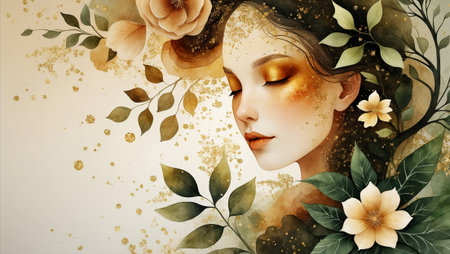 Elegant woman with golden makeup surrounded by floral elements in a soft artistic illustrationの素材