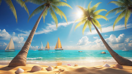 Tropical beach with palm trees and sailing boats during a sunny day by the oceanの素材