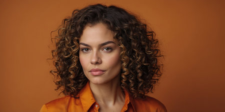 Portrait of a woman with curly hair wearing an orange shirt against a warm backdropの素材