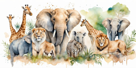 Wildlife gathering of elephants, lions, giraffes, and leopards in a serene natural habitatの素材