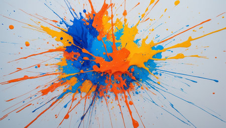 Bright and colorful splashes of paint create an abstract explosion on a white background showcasing artistic expressionの素材