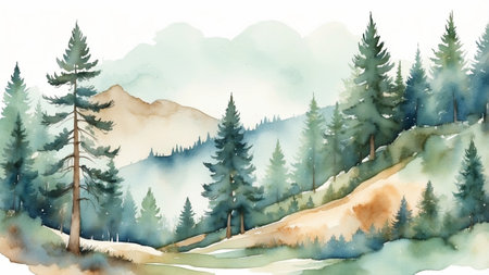 Serene watercolor landscape with mountains and pine trees in a misty forest settingの素材