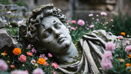 Ancient statue surrounded by colorful flowers in a serene garden setting during daylightの素材