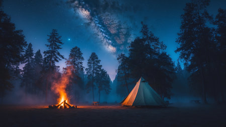 Majestic night camping under the stars with a glowing campfire in the forestの素材
