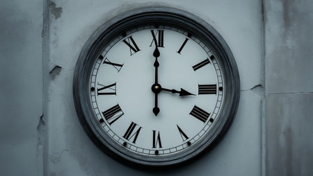 Vintage clock on a weathered wall showing time in a monochrome settingの素材