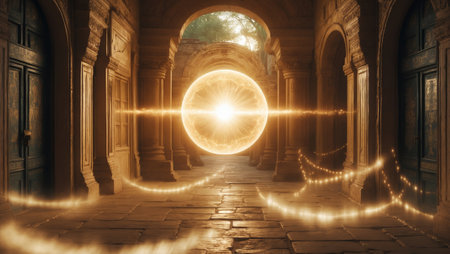 Mystical glowing orb illuminates ancient stone architecture in a serene courtyard during twilightの素材