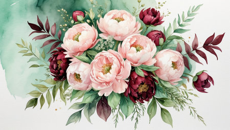 Colorful floral arrangement with peonies and greenery in soft watercolor styleの素材