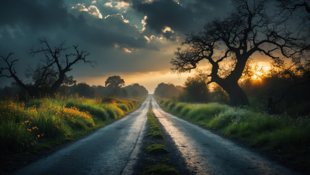 Majestic rural road at dusk with vibrant clouds and silhouetted trees framing the horizonの素材