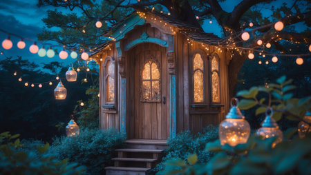 Charming wooden cottage illuminated by string lights in a serene garden at duskの素材
