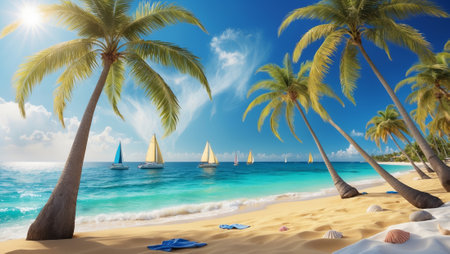 Relaxing beach with palm trees and sailboats on a sunny day by the coastの素材