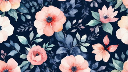 Floral pattern featuring pink and white flowers on a dark blue background, perfect for fabric design or decorationの素材