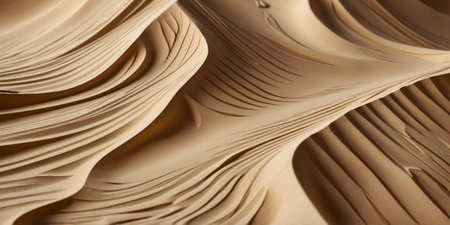 Detailed view of smooth, wavy sand formations in a desert landscape during golden hour sunlightの素材