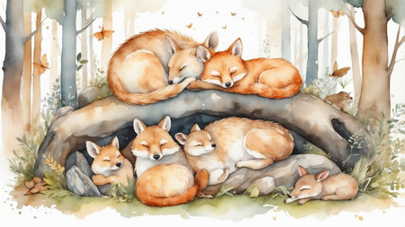 Fox family resting peacefully under a tree in a serene forest during autumnの素材