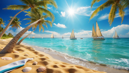 Clear blue ocean and sandy beach with sailboats on a sunny day at a tropical locationの素材