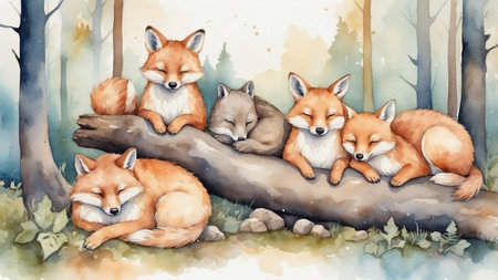 Group of five foxes resting on a log in a serene forest setting with soft colors and gentle lightingの素材