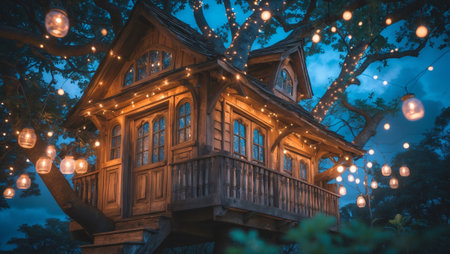 Magical treehouse adorned with glowing lanterns under the evening sky creating a whimsical atmosphere for guestsの素材