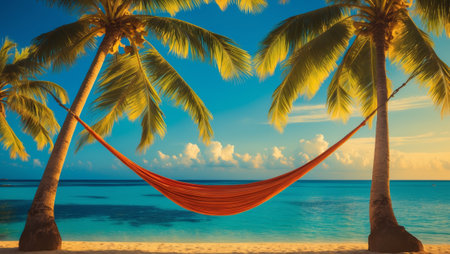 Relaxing in a hammock between palm trees on a tropical beach during sunsetの素材
