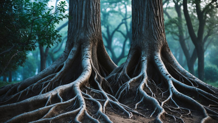 Majestic tree roots intertwine in a serene early morning park settingの素材