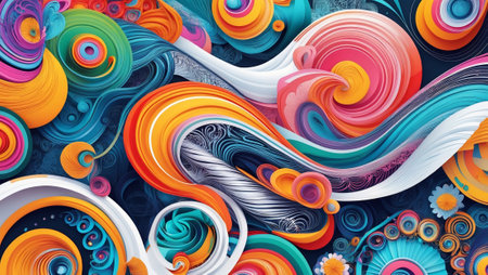 Vibrant abstract design with swirling patterns and bold colors created in a digital art styleの素材