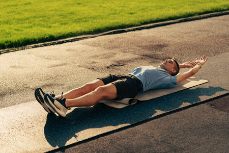 Individual exercises on a yoga mat outdoors in a park setting during daytime