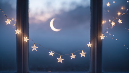 Nighttime view of a crescent moon and glowing star decorations from a windowの素材