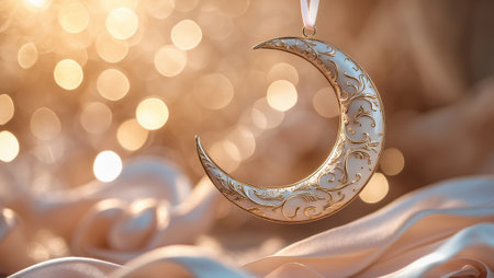 Decorative crescent moon ornament hangs delicately against shimmering golden backgroundの素材