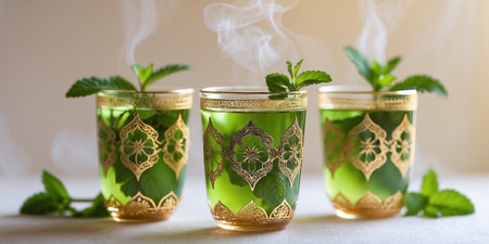 Mint tea served in ornate glasses with steam rising, showcasing vibrant color and intricate design in a warm settingの素材