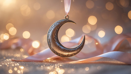 Decorative crescent moon pendant hanging amidst soft lights and ribbonsの素材