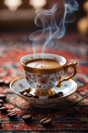 Coffee steaming in an ornate cup placed on a decorative saucer with coffee beans on a patterned surfaceの素材
