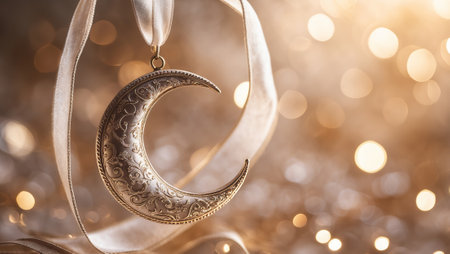 Silver crescent moon pendant hanging from ribbon with shimmering background lights during evening hoursの素材