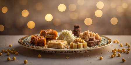 Exquisite display of traditional sweets on ornate plate during festive celebration in festive lightingの素材