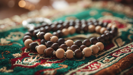 Beautifully crafted prayer beads displayed on an intricately designed carpet during a serene afternoonの素材