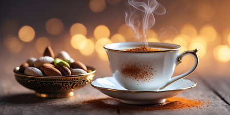 Warm cup of spiced tea next to a bowl of assorted nuts in a cozy atmosphereの素材