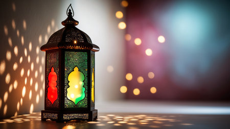 Colorful lantern casting warm shadows in a dimly lit room during a festive gatheringの素材