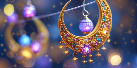 Beautifully crafted crescent moon earrings adorn a festive backdrop of colorful lights at a celebrationの素材