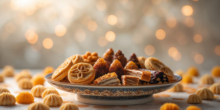 Delightful assortment of traditional pastries on a decorative plate with a festive backgroundの素材