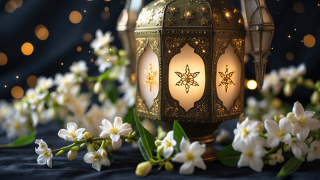 Lantern illuminated among white flowers with a dark background during a festive celebration at nightの素材
