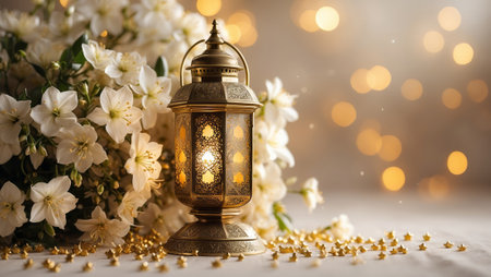 Elegant decorative lantern surrounded by white flowers and soft glowing lights in a festive atmosphereの素材