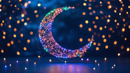 Colorful fairy lights shaped like a crescent moon create a magical nighttime ambianceの素材