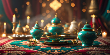 Intricate turquoise teapots and decorative table setting for a festive gathering in a cozy settingの素材