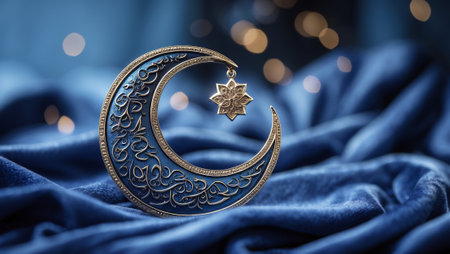 Intricate crescent moon decoration with ornate patterns and star pendant on soft blue fabric illuminated by warm bokeh lightsの素材