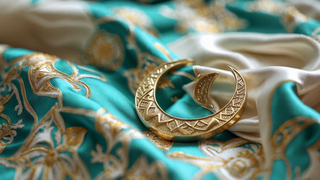 Elegant golden crescent placed on rich turquoise fabric with intricate embroidery during a cultural celebrationの素材