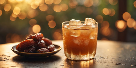 Refreshing drink served with dates during sunset at a cozy outdoor setting in the eveningの素材