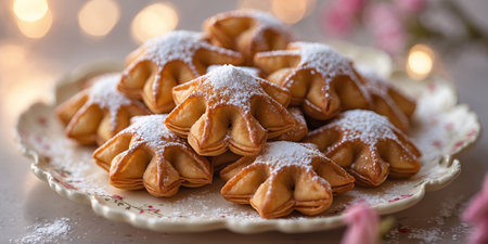 Deliciously crafted pastries displayed on a decorative plate surrounded by soft lighting and festive decorの素材