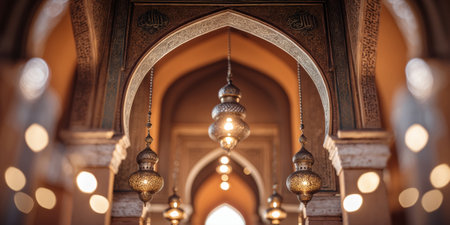 Ornate lamps illuminate a grand hall with intricate arches in a historic building during golden hourの素材