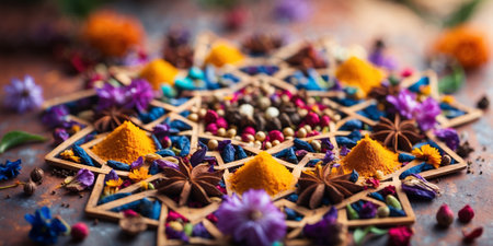 Brightly colored spices and flowers arranged in a decorative pattern on a wooden surface during a festive celebrationの素材
