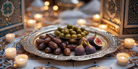Nighttime gathering featuring traditional dates, figs, and olives on a silver platter in a warm, candle-lit settingの素材