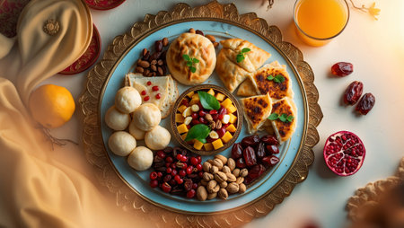 Traditional festive platter with a variety of sweets and savory dishes on an ornate trayの素材